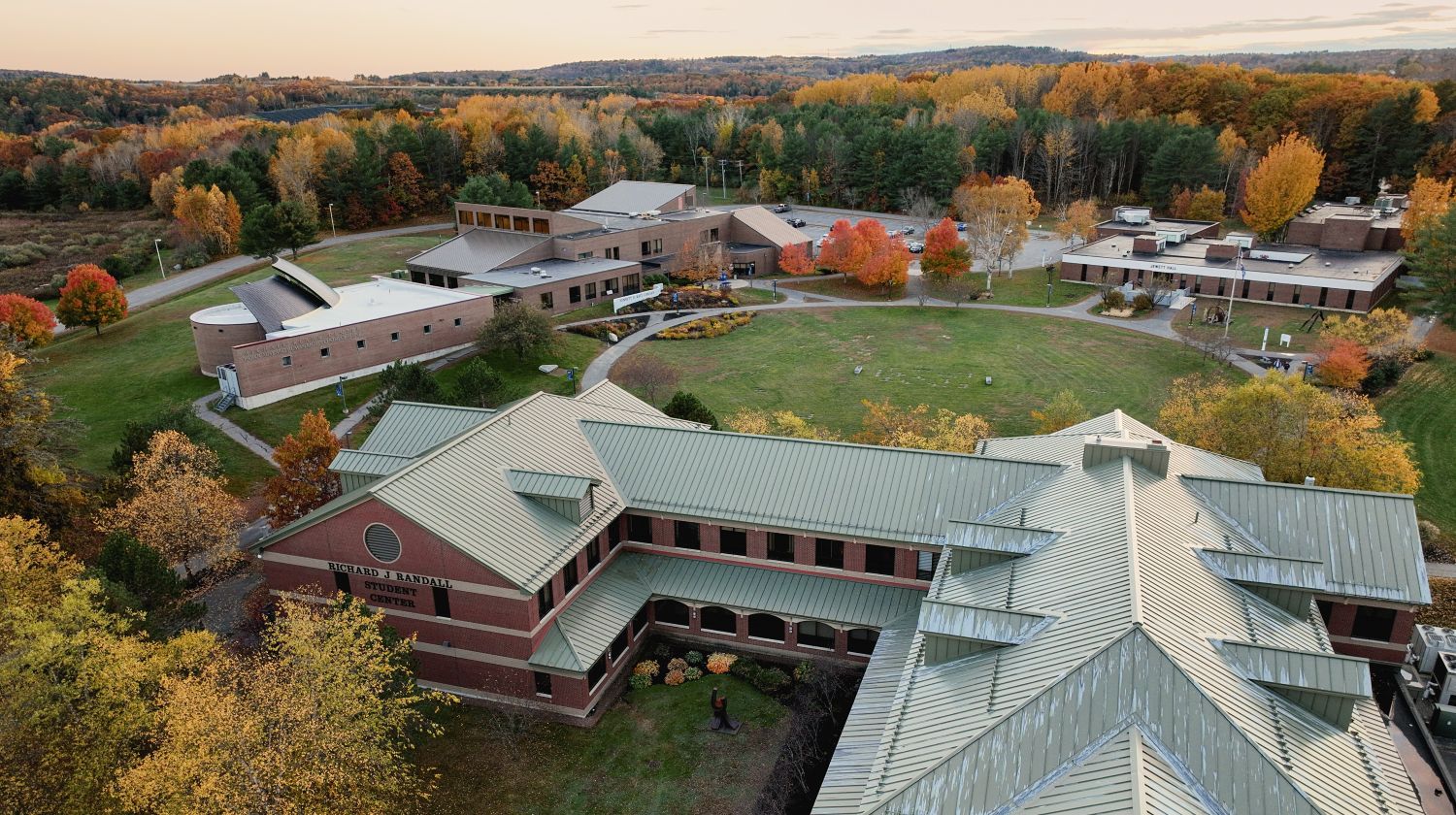 Aerial view of UMA's Augusta main campus buildings in autumn.