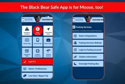 Screenshots of the Black Bear Safe app on a smartphone. "The Black Bear Safe app is for Moose, too"