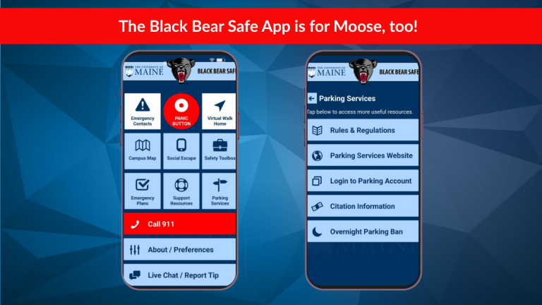 Screenshots of the Black Bear Safe app on a smartphone. "The Black Bear Safe app is for Moose, too"
