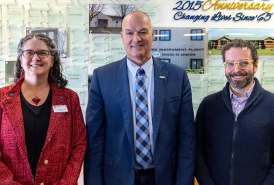 UMA President Jenifer Cushman, Maine Commissioner of the Department of Corrections and UMA Alumnus Randall Liberty, and Director of UMA's Prison Education Program,, Daniel McGloin at the launch of Liberty's book "Liberty's Prison: The Inmate’s Son Who Radically Reformed an American Prison," at UMA on Feb. 12, 2025.