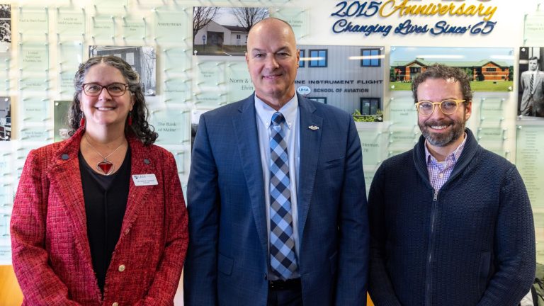 UMA President Jenifer Cushman, Maine Commissioner of the Department of Corrections and UMA Alumnus Randall Liberty, and Director of UMA's Prison Education Program,, Daniel McGloin at the launch of Liberty's book "Liberty's Prison: The Inmate’s Son Who Radically Reformed an American Prison," at UMA on Feb. 12, 2025.