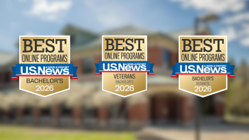Three U.S. News & World Report ‘Best Online Programs’ badges for 2026: Best Online Bachelor’s, Best Online Bachelor’s for Veterans, and Best Online Bachelor’s in Business, displayed over a blurred campus building background.