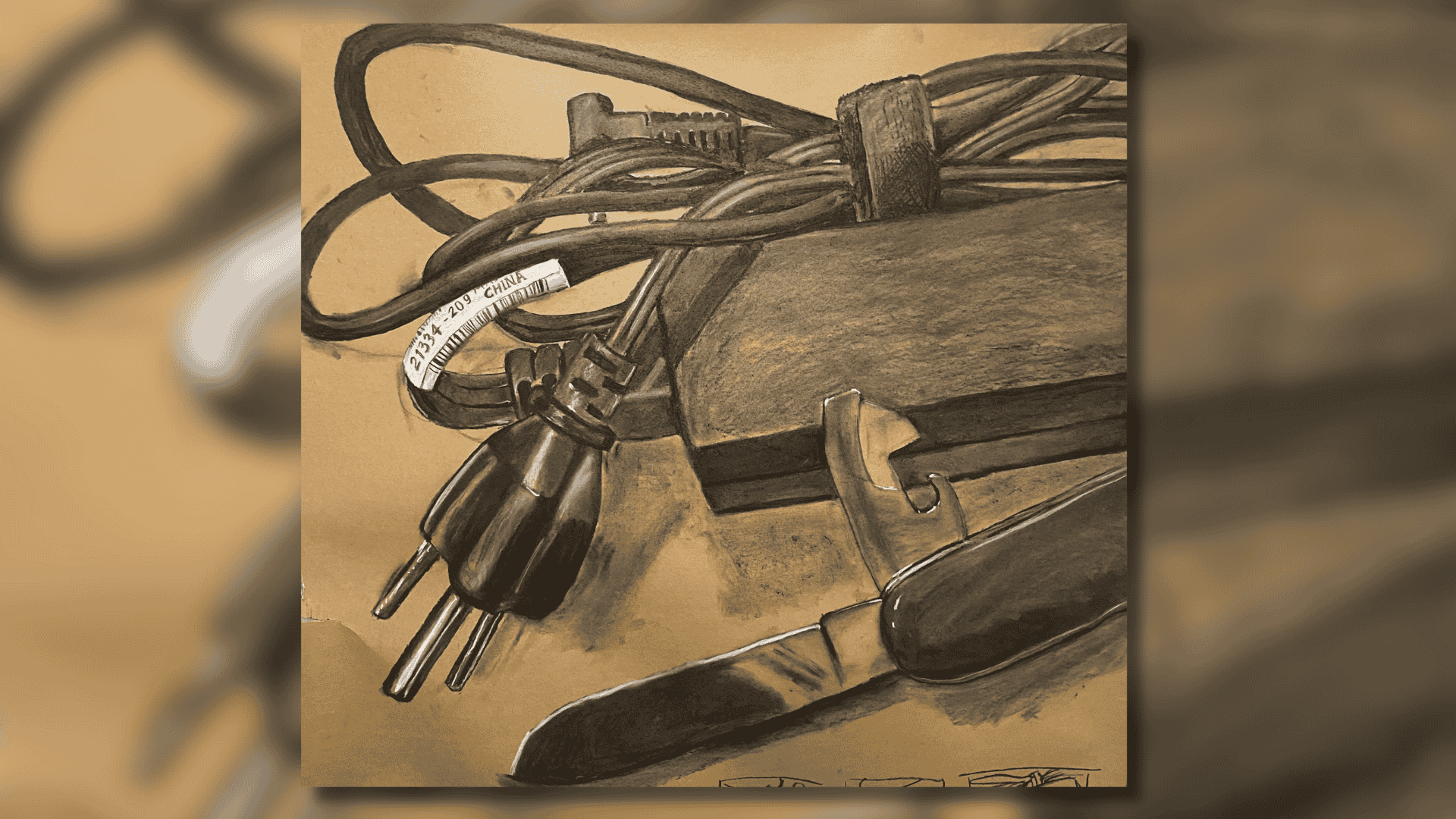 Jeremy Johnston, Detail of "Cord and Knife," Charcoal on tan paper, completed in Drawing I