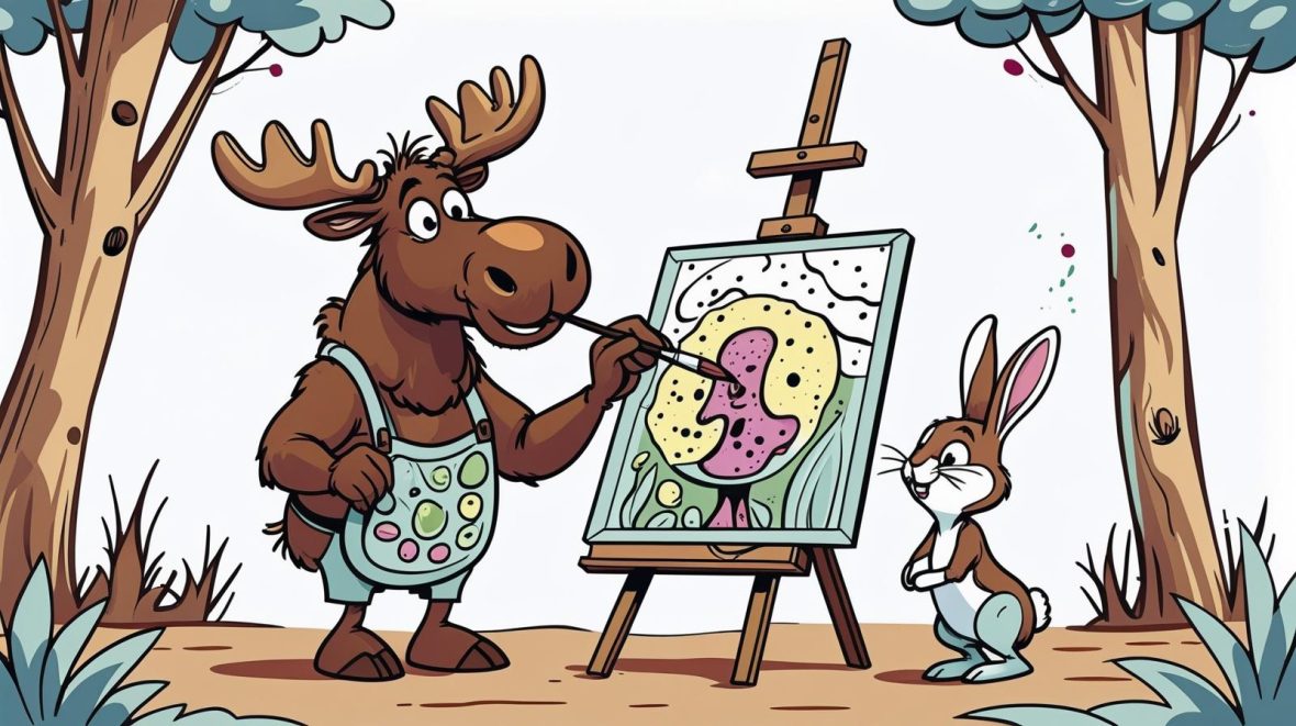 a cartoon moose painting his best friend. the friend can't see the image. make the best friend a different woodland creature.