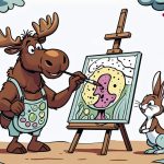 a cartoon moose painting his best friend. the friend can't see the image. make the best friend a different woodland creature.