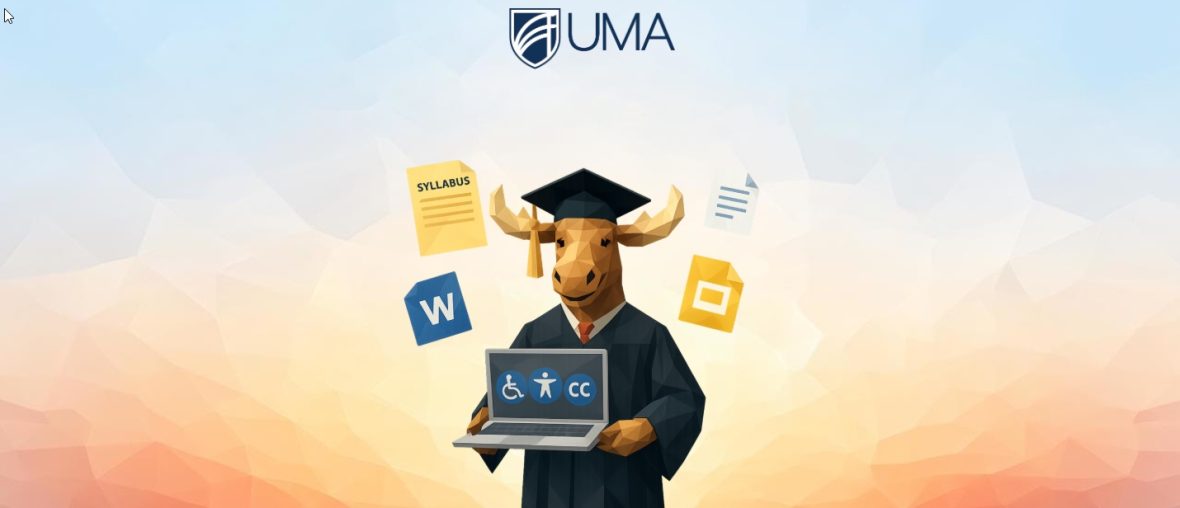 Illustration of a moose wearing a graduation cap and gown while holding a laptop displaying accessibility icons (wheelchair symbol, person icon, and “CC” for captions). Floating around the moose are a syllabus page and digital document icons, suggesting accessible course materials and learning tools.