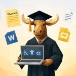 Illustration of a moose wearing a graduation cap and gown while holding a laptop displaying accessibility icons (wheelchair symbol, person icon, and “CC” for captions). Floating around the moose are a syllabus page and digital document icons, suggesting accessible course materials and learning tools.
