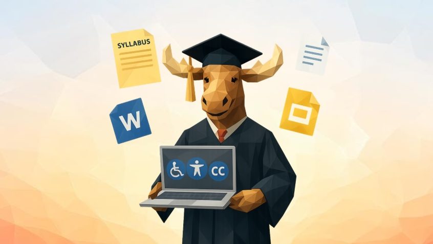 Illustration of a moose wearing a graduation cap and gown while holding a laptop displaying accessibility icons (wheelchair symbol, person icon, and “CC” for captions). Floating around the moose are a syllabus page and digital document icons, suggesting accessible course materials and learning tools.