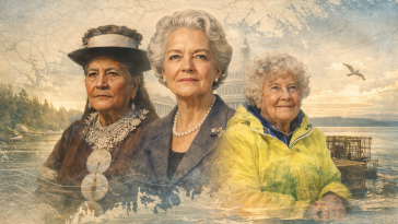 AI Generated image of three Maine women who made history. The background includes a map of the Maine coastline.