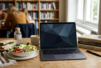 AI generated decorative image of a laptop, lunch, and books on a table in a library setting