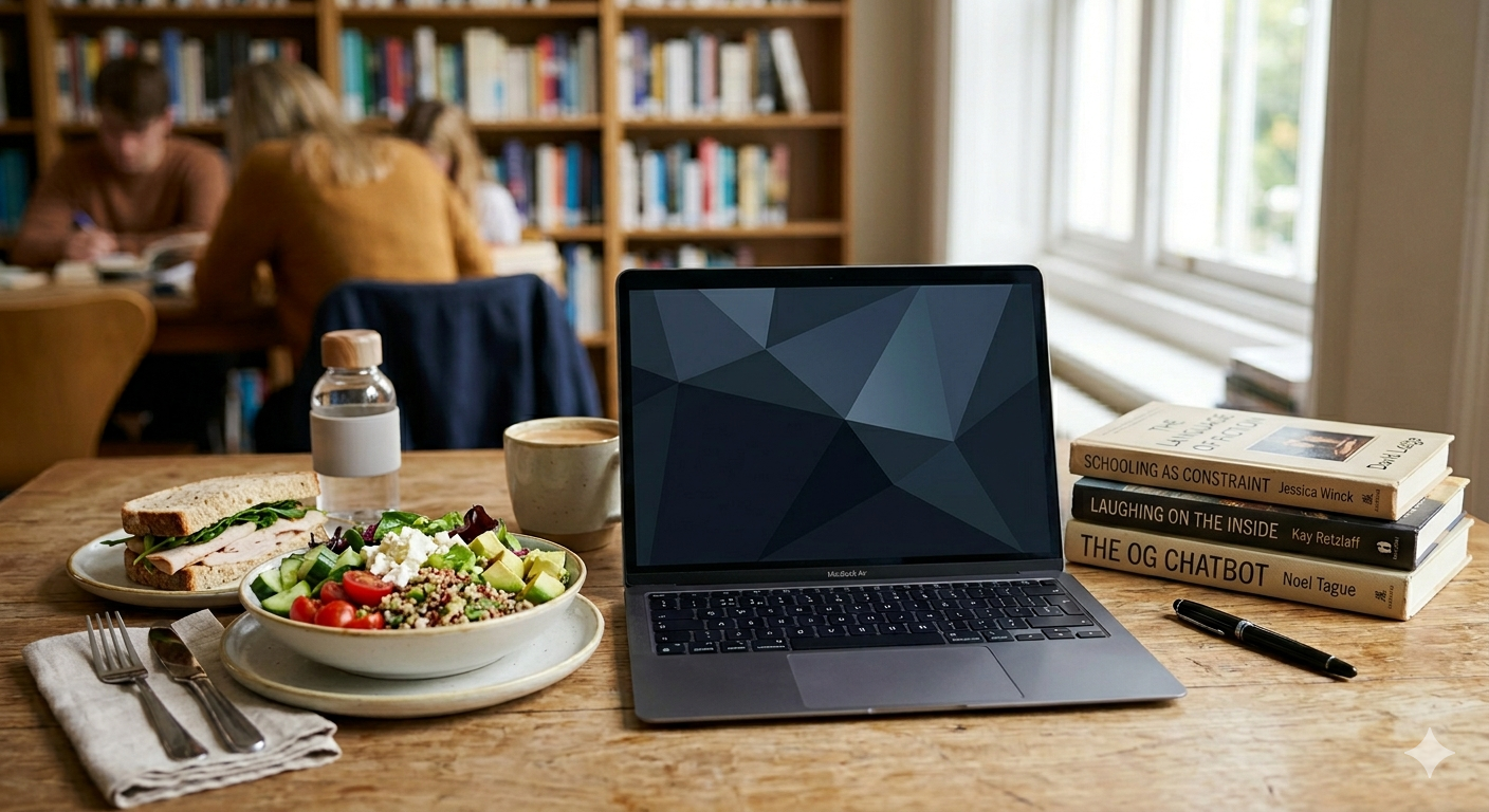 AI generated decorative image of a laptop, lunch, and books on a table in a library setting