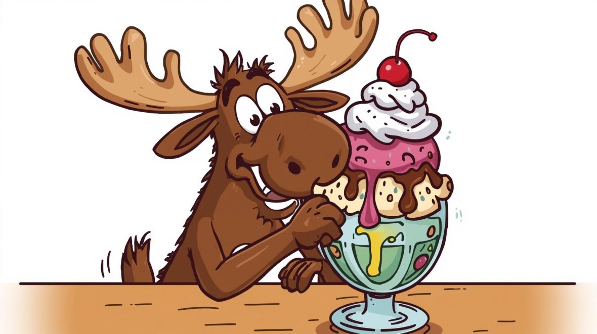 cartoon moose eating an ice cream sundae