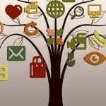 tree illusitration where the leaves are different software application logos, like envelopes, cameras, hearts, tablets