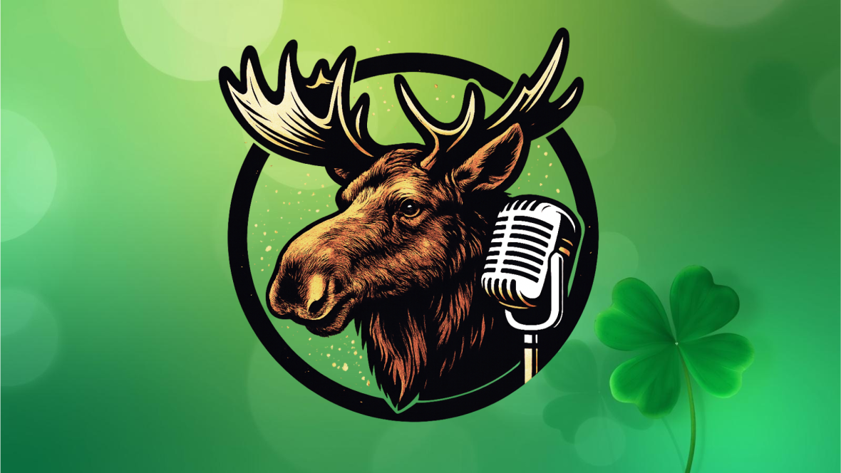Illustration of a moose head beside a vintage microphone inside a circular frame on a green background with a four-leaf clover