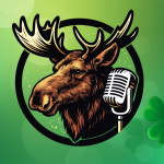 Illustration of a moose head beside a vintage microphone inside a circular frame on a green background with a four-leaf clover