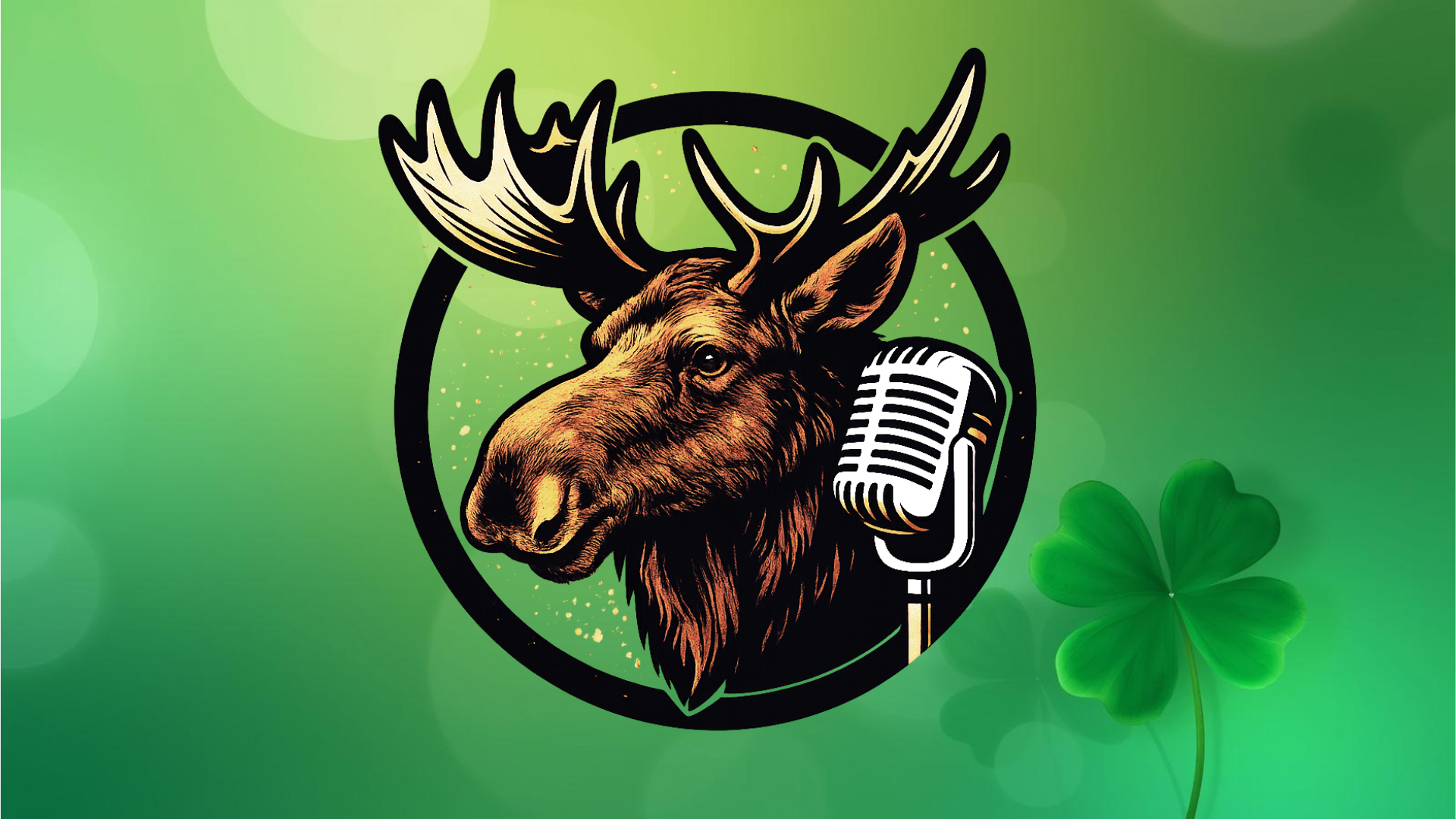 Illustration of a moose head beside a vintage microphone inside a circular frame on a green background with a four-leaf clover