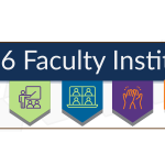 Banner reading “2026 Faculty Institute” with five icons below: 35th anniversary badge, teaching, virtual learning, collaboration, and UMA logo.