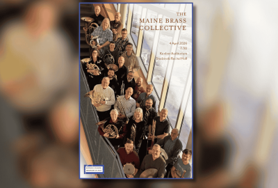 Poster for The Maine Brass Collective featuring a large group of musicians holding brass instruments on a sunlit staircase. Event details: April 4, 2026 at 7:30 PM, Kanbar Auditorium, Studzinski Recital Hall, Bowdoin College Department of Music.