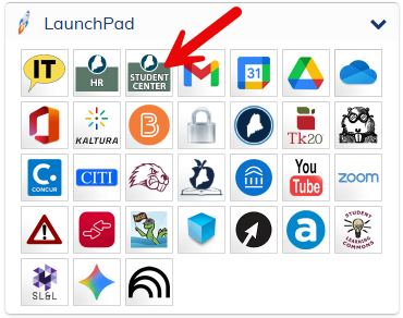 Portal launchpad screenshot with an arrow pointing to the icon that says "Student Center"