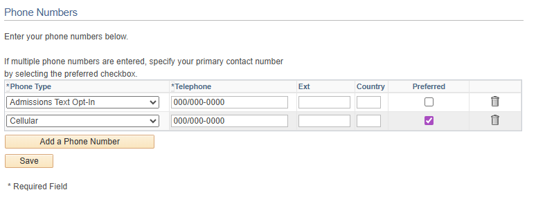 Form section titled “Phone Numbers” with instructions to enter numbers and select a preferred contact if multiple are listed.