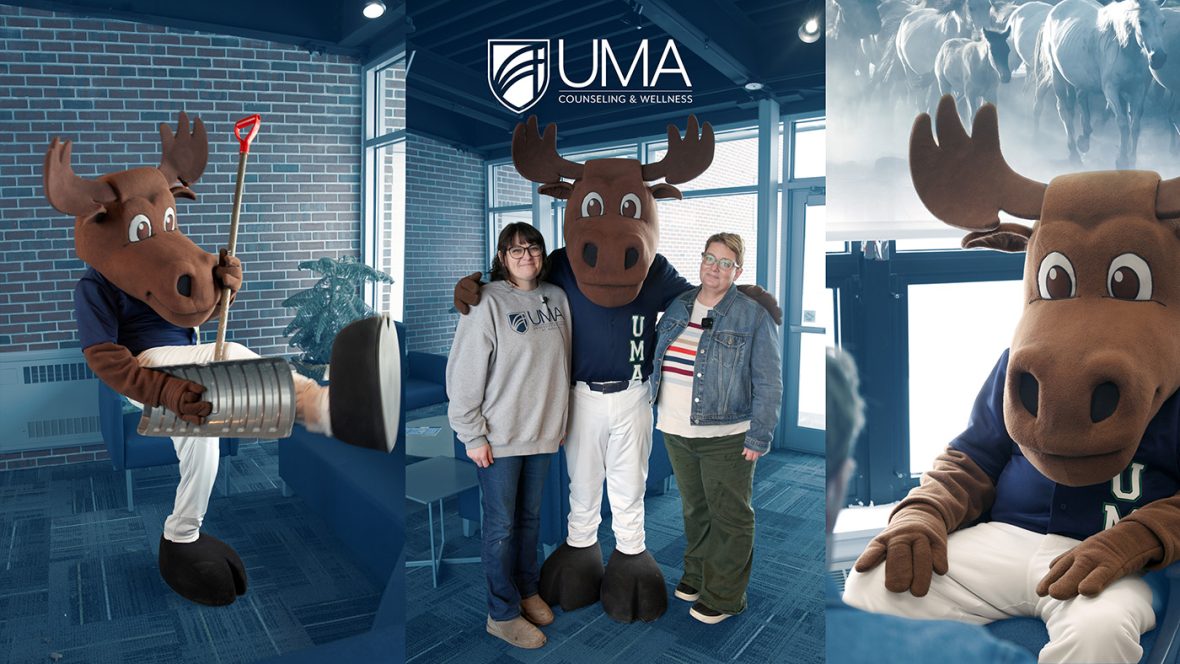 Composite image featuring UMA’s moose mascot inside a bright campus lounge. Left: the mascot playfully lifts a metal pail with a red shovel. Center: the mascot stands with two smiling adults, one in a UMA sweatshirt. Top center reads “UMA Counseling & Wellness.” Right: close-up of the mascot seated, with frosted window artwork behind.