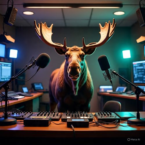 AI Generated image of a moose in a radio station studio