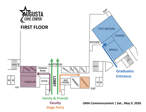 Map of the Civic Center showing Family, Friends. Faculty, Stage Party shoudl enter through the main doors. Graduates should enter through North Entrance doors.