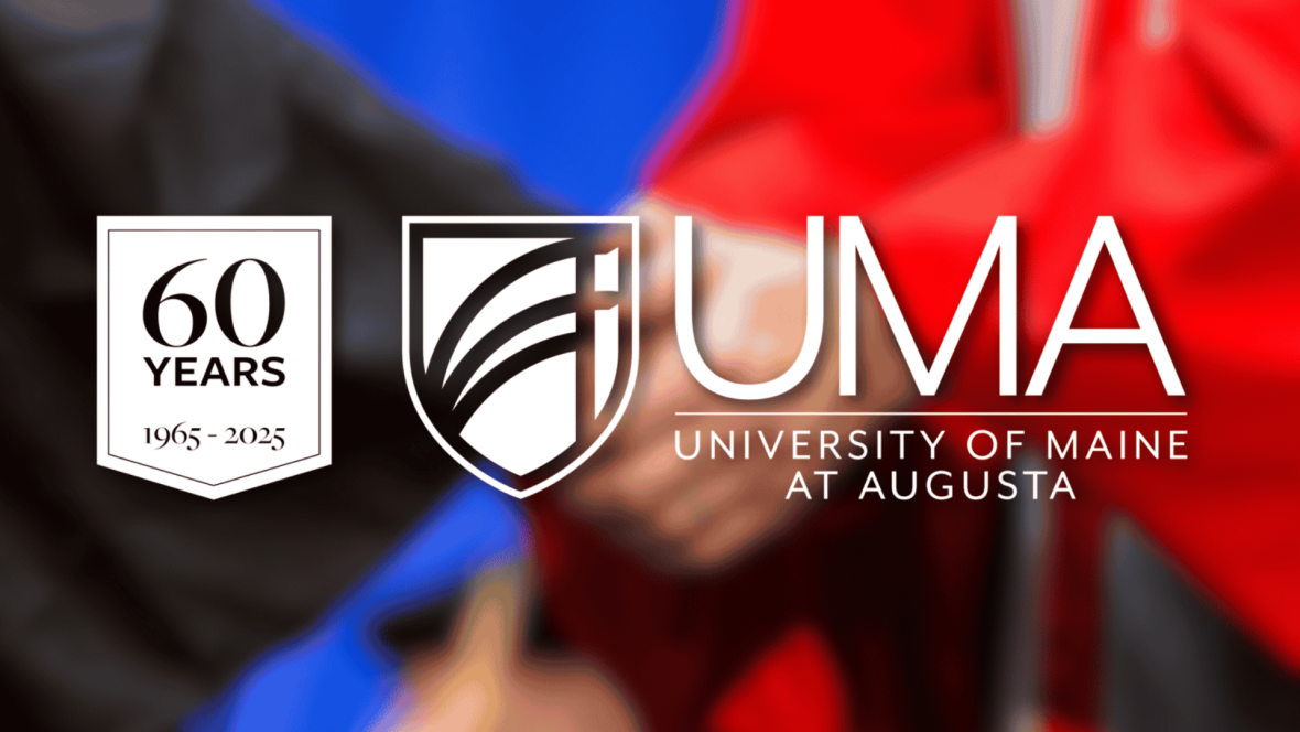 UMA 60th Anniversary banner logo overlain on a close up of a handshake between two people wearing academic regalia.