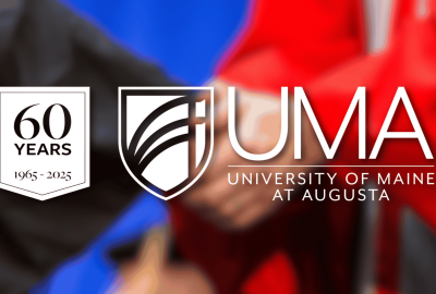 UMA 60th Anniversary banner logo overlain on a close up of a handshake between two people wearing academic regalia.