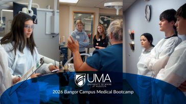 Composite image of high school students wearing protective gowns and observing health care demonstrations during UMA Bangor's Rural Workforce Medical Bootcamp, with UMA logo and event title overlaid.