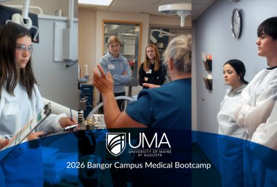 Composite image of high school students wearing protective gowns and observing health care demonstrations during UMA Bangor's Rural Workforce Medical Bootcamp, with UMA logo and event title overlaid.