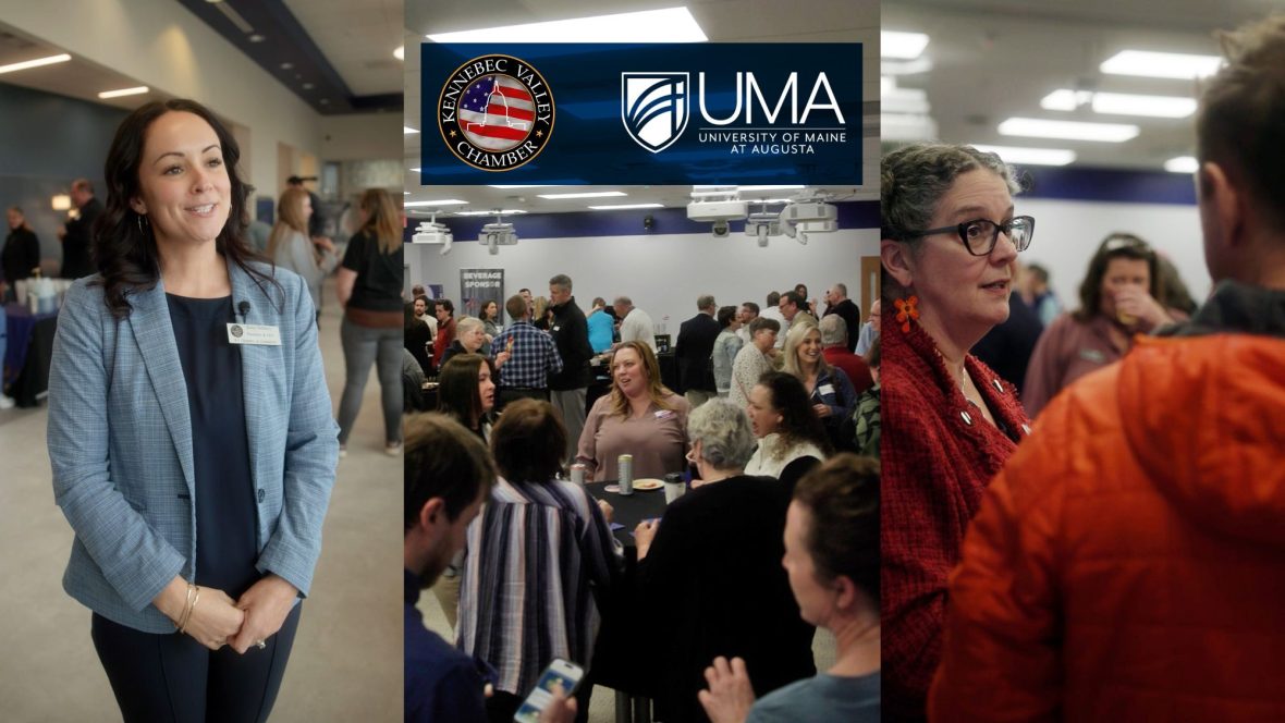 Decorative 3-section composite of people at the KVCC Business After Hours event at UMA.
