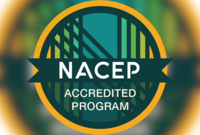Badge with circle and horizontal banner across the middle saying, "NACEP Accredited Program"