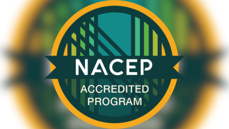 Badge with circle and horizontal banner across the middle saying, "NACEP Accredited Program"