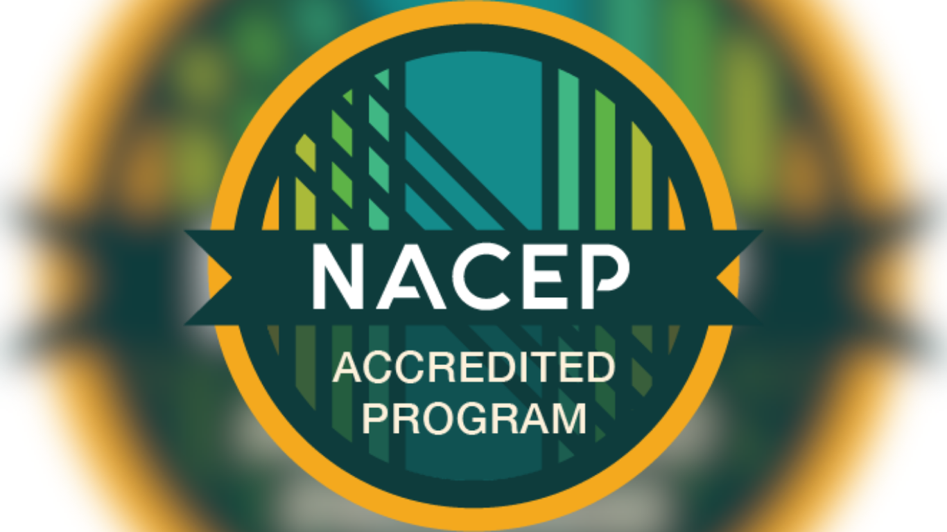Badge with circle and horizontal banner across the middle saying, "NACEP Accredited Program" 