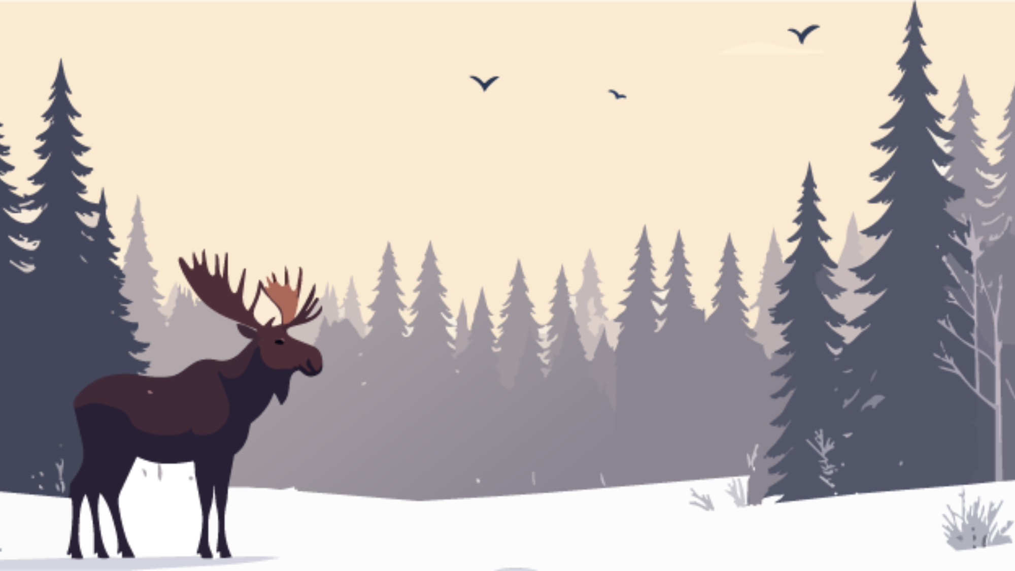 Winter Moose in scene with trees.
