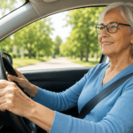 An older woman wearing glasses and a blue shirt smiles as she drives a car on a tree-lined road.
