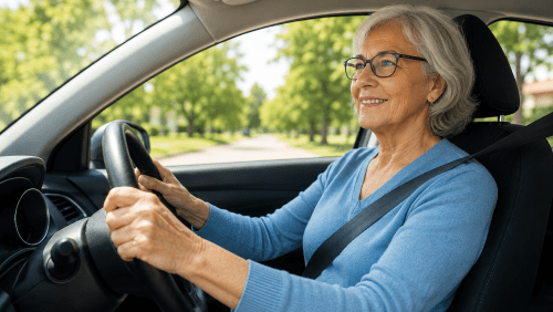 An older woman wearing glasses and a blue shirt smiles as she drives a car on a tree-lined road.