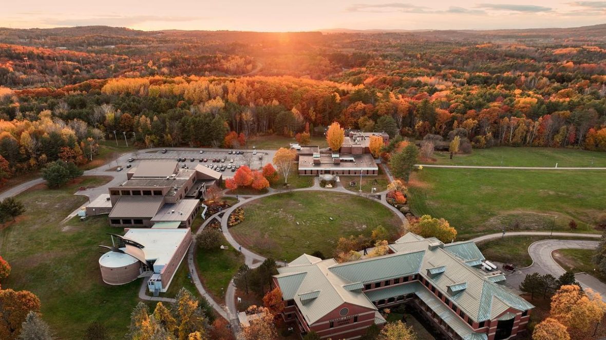 Aerial photo of UMA Augusta quad and surrounding buildings in sunset lighting