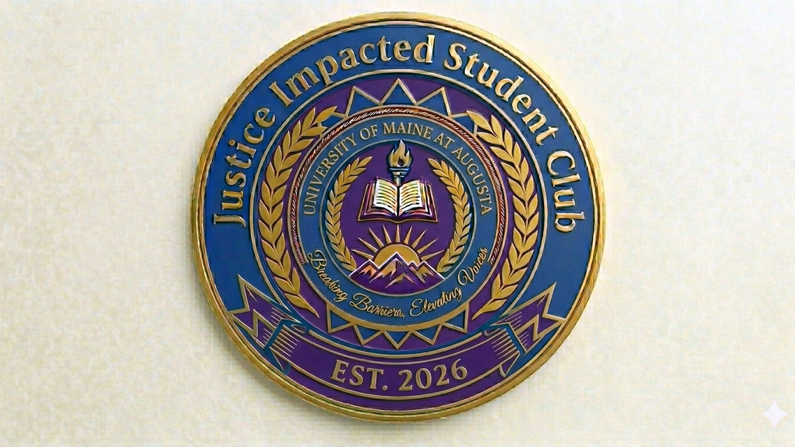 Justice Impacted Student Club medallion for the University of Maine at Augusta, featuring blue, purple, and gold colors, laurel branches, an open book and torch, and the words “Breaking Barriers, Elevating Voices” and “Est. 2026.”