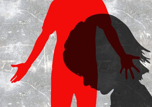 Silhouette of a red figure with arms outstretched, superimposed with a dark silhouette of a figure with a head bowed and an outstretched hand, against a textured gray background.