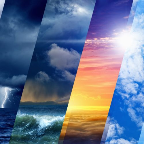a collage showcasing various weather conditions including lightning, stormy waves, a sunset, and partly cloudy skies.