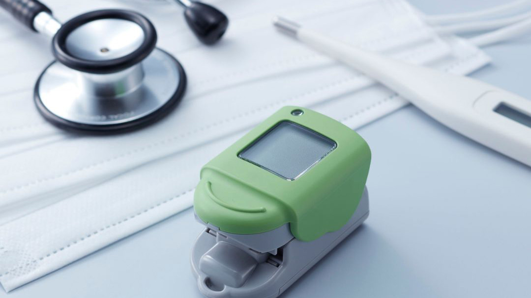 face masks, thermometer, stethoscope, and an oxygen sensor
