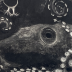 Black-and-white artwork showing a large octopus-like sea creature with curling tentacles and prominent suction cups against a dark background.
