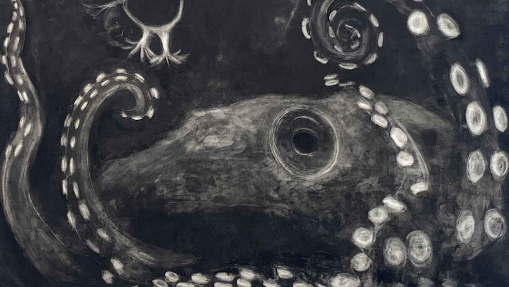 Black-and-white artwork showing a large octopus-like sea creature with curling tentacles and prominent suction cups against a dark background.