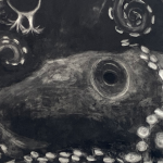 Black-and-white artwork showing a large octopus-like sea creature with curling tentacles and prominent suction cups against a dark background.