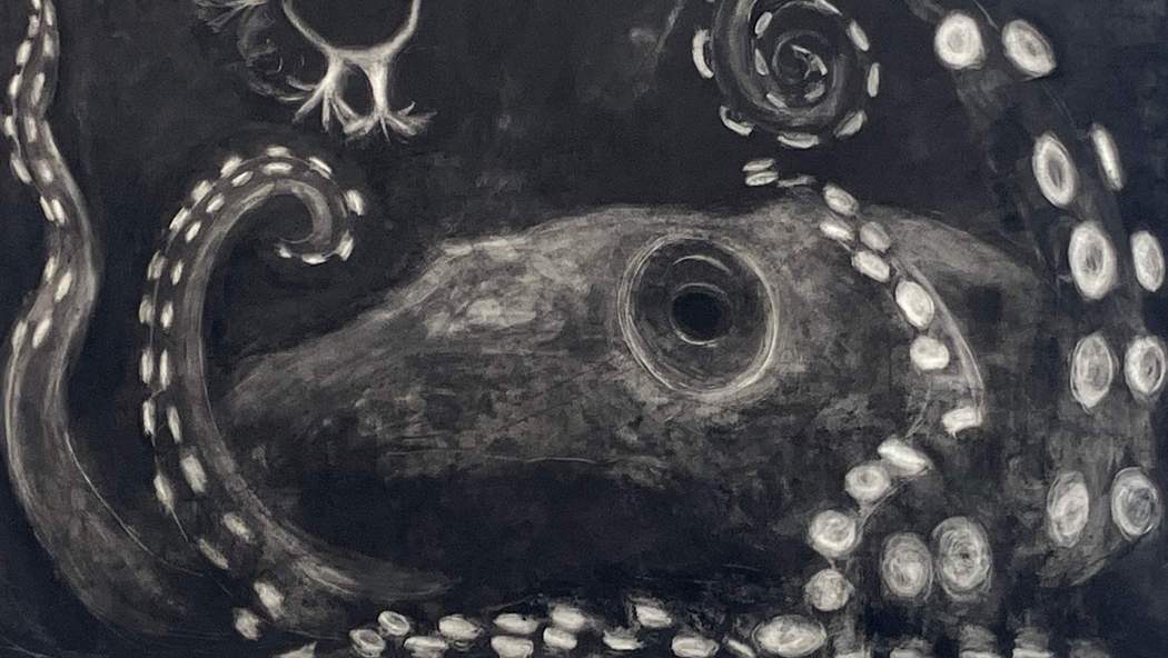 Black-and-white artwork showing a large octopus-like sea creature with curling tentacles and prominent suction cups against a dark background.