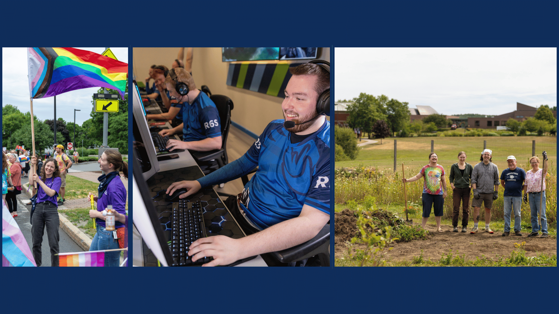 Photo collage that shows club participants from "Seen and Herd," eSports, and the community garden clubs.