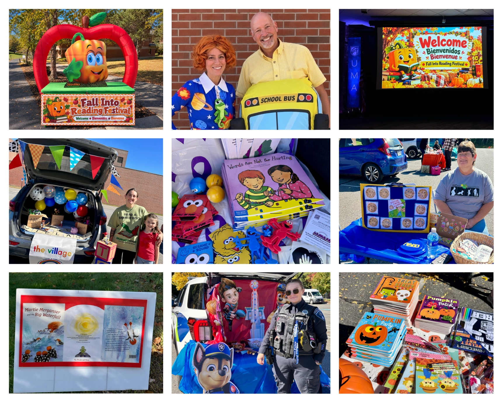 A nine-photo collage from UMA’s Fall Into Reading Festival. Images show a large inflatable pumpkin-and-apple archway with the festival name, the two Magic School Bus characters, the festival welcome screen, and several decorated car trunks and tables hosted by community organizations handing out children’s books, toys, and activities. A police officer staffs a Paw Patrol-themed trunk, and tables display stacks of fall-themed children’s books.