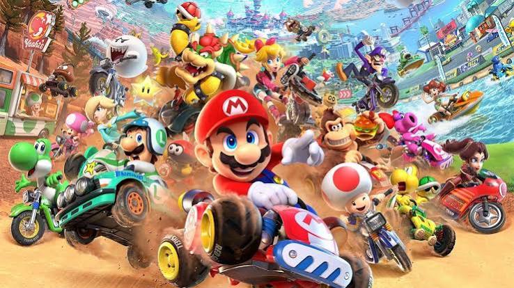 Mario Kart characters in racing poses